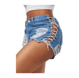 Sexy Summer Women Denim Shorts Black Blue Ripped Short Jeans Femme Tassel Lace Up Bandage Hotpants