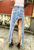 Women Blue Ripped Denim Skirt Long Bodycon Casual Irregular Hem Jeans Skirts For Ladies Club Wear