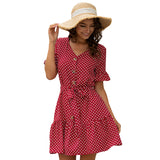 Brand new v neck button polka dot short sleeve casual+dresses women lady elegant casual vestidos mujer dresses