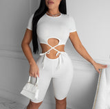 Ribbed Bandage Bodycon Women Rompers Short Sleeve Hollow Out Solid Playsuits Skinny Sexy Solid Biker Shorts Playsuit