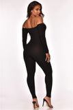 Autumn and winter open-shouldered corns with strapping and threaded jumpsuits slim long sleeve jumpsuit