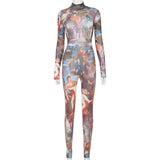 Cool leaf print Chinoisse long sleeve jumpsuit with corset feet casual suit+Angel print jumpsuit