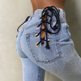 X00598L Phoenix Fashion Tie Lace Up Sexy High Waist Jeans Women Pencil Pants for Women Skinny Blue Jeans Harajuku Streetwear