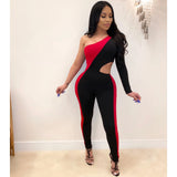 2020 summer womenswear sexy solid color stitching single sleeve hollowed-out jumpsuit