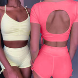 X30052S hot style 2021 summer new women's wear square collar short-sleeved back sexy sports suit women