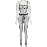 X01423C Print Mesh Two Piece Set Women 2021 Fall Sexy Spaghetti Strap Bodysuits+Pants Matching Sets Skinny Streetwear