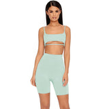 X00120M 2021 Women Hot sale sexy nightclub summer two-piece set Solid Color hollow out 2 Piece Crop Top And Shorts Activewear