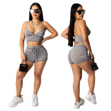 Sexy Short Two Piece Set Crop Tops And Biker Shorts Grey Bodycon Matching Sets Summer Clothes For Women Suit