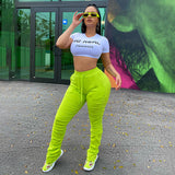 X01151C Ruched High Waist Women Stacked Pants Casual Solid Bodycon Fashion Long Trousers Workout Streetwear 2021 Summer Pants