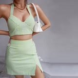 X00227M Hot sale women's high-waisted plaid skirt sexy short hanging neck halter vest two pieces set