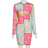 2021 Autumn/winter women's dress with round neck and long sleeves fashion slim print and hip-hugging dress