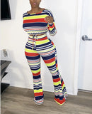 Hot style ladies two-piece set+Fashion rainbow stripe T-shirt wide-leg two-piece pants