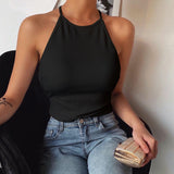 X00483S women sleeveless tank top o-neck elastic hight cropped top 2021 summer casual outwear female streetwear o-neck clothes