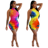 Tie Dye Women Bodycon Dresses Sleeveless Fashion Skinny Casual Mini Dress 2021 Summer Slim Hot Clubwear