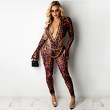 X01051M Sexy deep V-neck women's bodysuit Long sleeves fashion two pieces set Skinny high-elastic outfit in stock