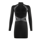 2020 New Monogrammed zipper slim dress with high collar sexy knit skirt casual black dress in stock