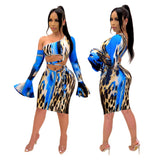 buttock sexy autumn dress Sexy fashion dress with flared sleeve print set Blue hollowed-out sexy dresses