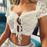 X00566S Summer 2021 hot style women fashion sexy Slim short - sleeved T-shirt with lace lace lacing top