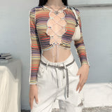 X01523C Phoenix Ribbed Multi Print Patchwork Hollow Out T-shirts Women Autumn O-neck Lace Up Elastic Crop Tops Sexy Clubwear