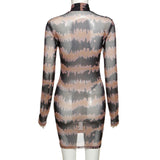 Print Women Mini Dresses Autumn Fashion Sexy See Through Long Sleeve Bodycon Athleisure Female Clothing Hot