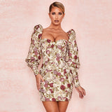 2020Fashionable Print Long Bubble Sleeve Breast Wrap Hip Wrap Slim Temperament Dress