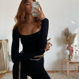 Autumn and winter new design sense of the niche jumpsuit+Sexy slim jumpsuit with square collar