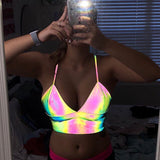 V Neck Sexy Holographic Bralette Crop Top Strap Reflective Fashion Camis Hot Summer Sleeveless Backless Tank Tops