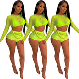 X00074L Sexy gauze see-through women two-pieces sets long sleeve backless crop top and hot pants solid color fashion club suits