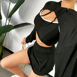 Sexy Two Piece Set Women Long Sleeve Crop Top Hoodies And Mini Skirt Casual Female Sweatshirts Streetwear