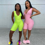 V Neck Zipper Bodycon Rompers Womens Jumpsuit Sleeveless 2020 Summer Sporty Workout Biker Shorts Playsuits Skinny Solid