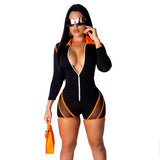 Neon Striped Patchwork Mesh Bodycon Jumpsuit Women Sexy Zipper Long Sleeve Biker Shorts Romper Night Club Playsuit