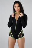 Neon Striped Patchwork Mesh Bodycon Jumpsuit Women Sexy Zipper Long Sleeve Biker Shorts Romper Night Club Playsuit