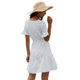 Brand new v neck button polka dot short sleeve casual+dresses women lady elegant casual vestidos mujer dresses