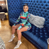 Phoenix Tie Dye Colorful Mesh See Through Print Mini Dress Women Turtleneck Long Sleeve Skinny Bodycon Casual Streetwear