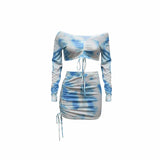 X00638M stylish two-pieces drawstring suit Tie-dye print pleated long sleeve two-piece set