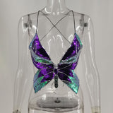 X00208M 2021 women hot style Summer colorful butterfly sequins top Sexy backless V-Neck halter crop top