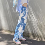 X00544M Women's new slim blue sky white clouds leisure street photography high waist straight tube pants