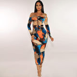 Off Shoulder Sexy Cut Out Sexy Women Maxi Dresses Skinny Print Party Clubwear Hot Long Sleeve Fashion Bodycon Dress Hot