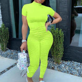 Hot style casual solid color jumpsuit Women's pleated short sleeved jumpsuit plus size suit