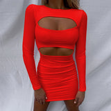 Phoenix slim irregular skirt Long sleeve skirt buttock sexy autumn hollow-out pleated dress