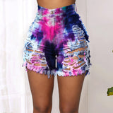 X00495M Women's new fashion casual pants Sexy cut hollowed-out buttons tie-dye printed denim shorts