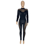 Mesh Velvet Patchwork Skinny Rompers Womens Jumpsuit Hot Sexy See Through Midnight Club Bodycon Wild Bodystocking Black