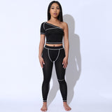 2020 Sexy One Shoulder Tank Top Setbell Bottom Yoga Pants Pantalones De Dama Fall Two Pieces Set