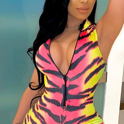 2020 wholesale workout Color tiger print two-color patchwork printed jumpsuit