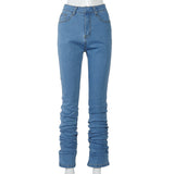 X01757C Ruched Denim Blue High Wait Stacked Pants Autumn 2021 Women Clothing Streetwear Jeans Fashion Skinny Pockets Trousers