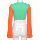 X01281C hollow out green orange striped patchwork flare long sleeve crop top drawstring sporty workout casual streetwear outfits