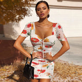 2020 new arrivals Fashionable print sexy pleated lace-up short-sleeved bodycon lady elegant women dresses