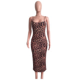 Sexy Cheetah Leopard Print Midi Dress Women Clothes Plus Size Vestido Elegant Spaghetti Strap Bodycon Night Club Dresses