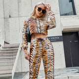 Hot style women sexy two-piece sets+Casual long sleeve printed leopard print hoodie suit