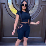 X01416C tracksuit women casual ribbed sporty solid matching set short sleeve+bandage hollow out biker shorts stretchy slim